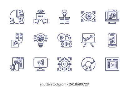 Marketing line icon set. Editable stroke. Vector illustration. Containing pie chart, pr, marketing, development, digital marketing, advertisement, video, idea, vision, pay per visualization.