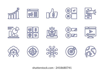 Conjunto de iconos de línea de marketing. Trazo editable. Ilustración vectorial. Conteniendo rendimiento, campaña, informe de datos, combinación de marketing, cloud computing, foco, marketing, video marketing, mejor precio, revisión.