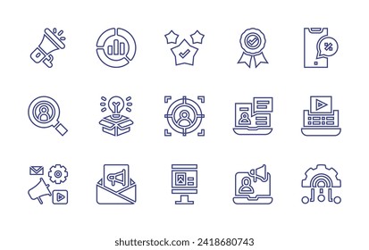 Marketing line icon set. Editable stroke. Vector illustration. Containing megaphone, donut chart, market research, idea, digital marketing, newsletter, video marketing, marketing, quality control.