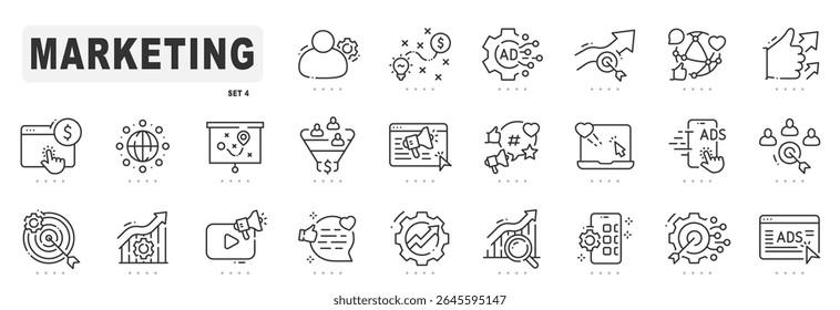 Marketing line icons. Advertising, strategy, seo etc. Editable stroke