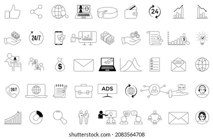 Marketing line icons set. Icons collection for advertising, digital marketing, seo, analytics, ads, business. Marketing symbols set. Vector illustration. Editable Stroke