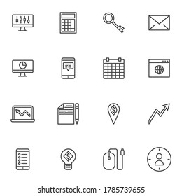 Marketing line icons set, outline vector symbol collection, linear style pictogram pack. Signs, logo illustration. Set includes icons as calculator, calendar, computer monitor, mobile phone display