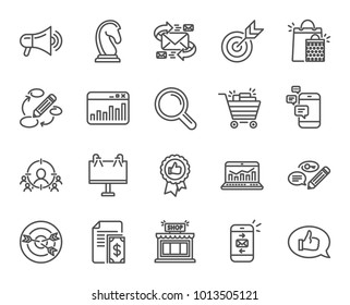 Marketing line icons. Set of Strategy, Feedback and Advertisement campaign signs. Research, Communication and Keywords symbols. Chess Knight, Target and Mail. Quality design elements. Editable stroke