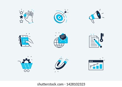 Marketing line icons set vector illustration. Composition consists of positive feedback, target, advertisement, global email, sales, keywords, attraction flat style concept. Isolated on white