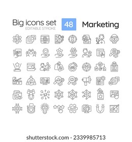 Marketing linear icons set. Business strategy. Brand development. Advertising campaign. Sales growth. Customizable thin line symbols. Isolated vector outline illustrations. Editable stroke