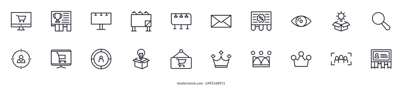 Marketing linear symbols pack. Outline symbol and editable stroke for apps, stores, shops, infographics