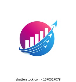 Marketing logo, chart and arrow logo concept. Globe with diagram bar for business company logo template. Financial growth icon. Stock market symbol