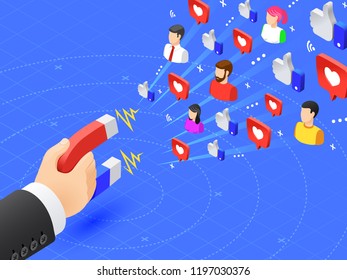 Marketing magnet engaging followers. Social media likes and follows magnetism engagement campaign. 