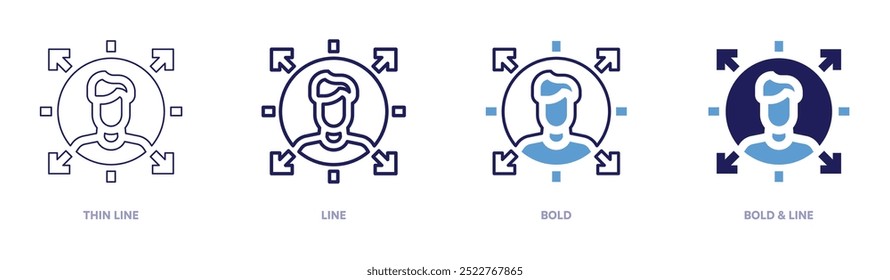 Ícone de gerenciamento de marketing em 4 estilos diferentes. Linha fina, Linha, Negrito e Linha Negrito. Estilo duotônico. Traçado editável.