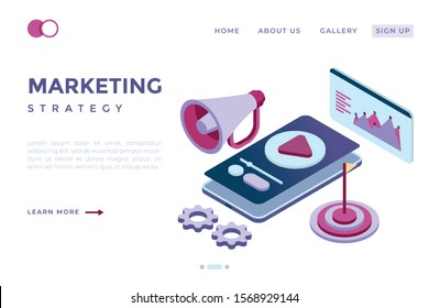 marketing management optimization using video and social media with the concept of isometric landing pages and web headers