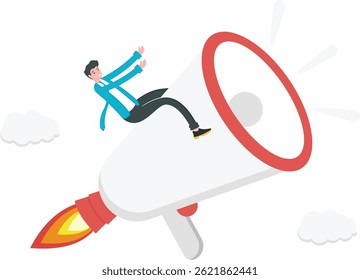 gerenciamento de marketing, relações públicas, discursos. fazer anúncios, dar informações e ofertas, convidar amigos ou público para participar. um homem usando um megafone. design conceito ilustração

