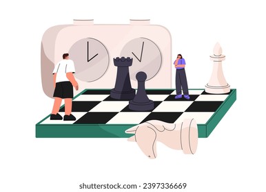 Marketing, management strategy concept. Tiny people play board games. Chess players with chessmen, figures on chessboard. Mind sport competition. Flat isolated vector illustration on white background