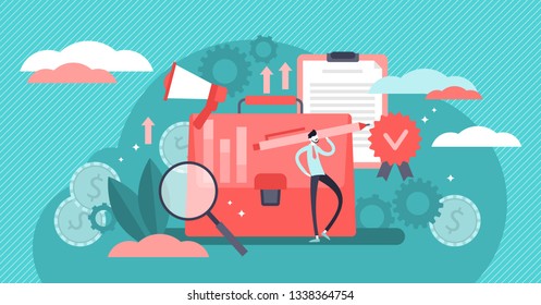 Marketing management vector illustration. Flat tiny strategy persons concept. Idea financial development and process communication professional. Creative project data research and advertising analysis
