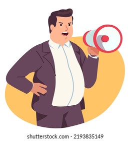 Marketing manager business man giving promotion speech shouting into megaphone. Protester person protesting on demonstration or rally. Protest or advertisement announcement flat vector illustration