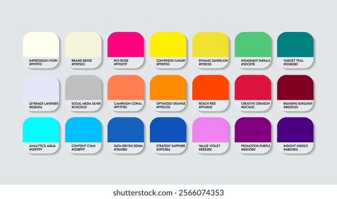 Marketing Manager Color Guide Palette with Color Names. Catalog Sample Marketing Managers with RGB HEX codes and Names. Marketing Manager Color Palette, Fashion Trend Marketing Manager Color Palette