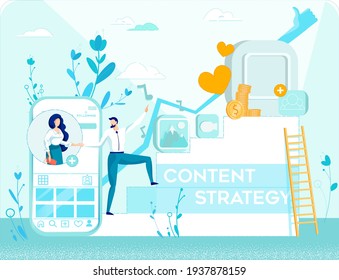 Marketing Manager Discussing and Coordinating Website Content Optimization Strategy and Tools with Customer. Step Ladder Leading to Social Network Icon, Growing Number Followers, Thumb Ups, and Money.