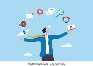 Marketing manager, online advertising, social media content or promotion campaign, customer or consumer target audience, branding communication concept, businessman holding viral marketing elements.