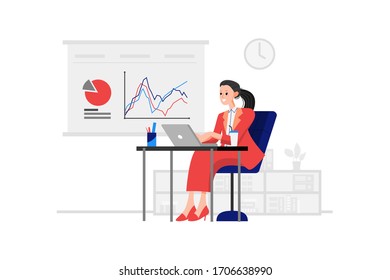 A marketing manager is sitting in front of the laptop with a pie chart and line chart on the back svg