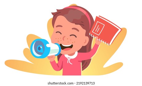 Marketing manager woman person shouting into megaphone. Journalist girl kid character holding loudspeaker, notebook. Business promotion speech, announcement, advertisement flat vector illustration