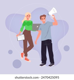 Marketing managers working on advertisement. Young man with megaphone, girl with laptop and checklist. Vector illustration. Marketing, sale announcement concept for banner, web design or landing page