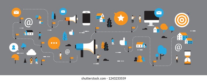 marketing map chat bubble speech online mobile computer messenger application social media network megaphone icon horizontal banner flat