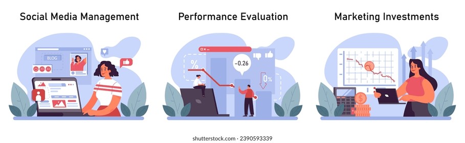 Marketing Mastery set. A triptych of digital marketing strategy, from content creation in social media to performance metrics analysis, concluding with smart investment strategies. vector illustration