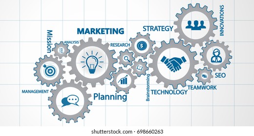 Marketing mechanism concept. Abstract background with connected gears and icons for strategy, service, analytics, research, seo,digital marketing, communicate concepts. Vector infographic illustration