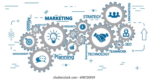 Marketing mechanism concept. Abstract background with connected gears and icons for strategy, service, analytics, research, seo,digital marketing, communicate concepts. Vector infographic illustration
