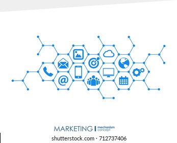 Marketing mechanism concept. Abstract background with connected gears and icons for strategy, service, analytics, research, seo, digital marketing, communicate concepts. Vector infographic.