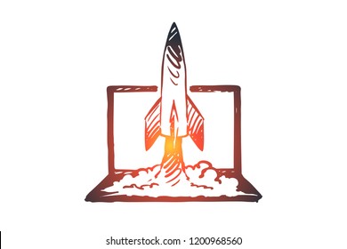 Marketing, media, business, social, advertising concept. Hand drawn rocket starting from laptop concept sketch. Isolated vector illustration.