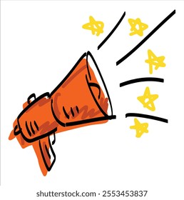 Marketing megaphone announce or broadcast. Emergency red bullhorn speaker. Cartoon loud alert warning. Sketch media propaganda. Loudspeaker doodle drawing.