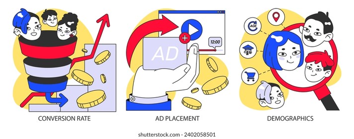 Marketing metrics set. Increasing conversion rates, strategic ad placements, and analyzing demographics. Visual steps to advertising success. Flat vector illustration.