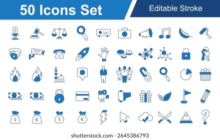 Marketing, Microphone, Cloud, Law, Justice, Scales, Money, Fire, Video, Rocket Blue Line Icon Set. Editable Stroke Vector Icons