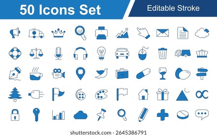 Marketing, Microphone, Wine, Cloud, Justice, Lifebuoy, Device, Coffee Blue Line Icon Set. Editable Stroke Vector Icons