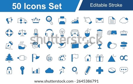 Marketing, Microphone, Wine, Cloud, Justice, Lifebuoy, Device, Coffee Blue Line Icon Set. Editable Stroke Vector Icons