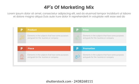 marketing mix 4ps strategy infographic with rectangle box table header matrix structure with 4 points for slide presentation