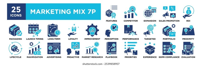 Marketing Mix 7P icon collection set. Containing design marketing, product, business, promotion, price