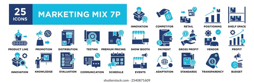 Marketing Mix 7P icon collection set. Containing design marketing, product, business, promotion, price
