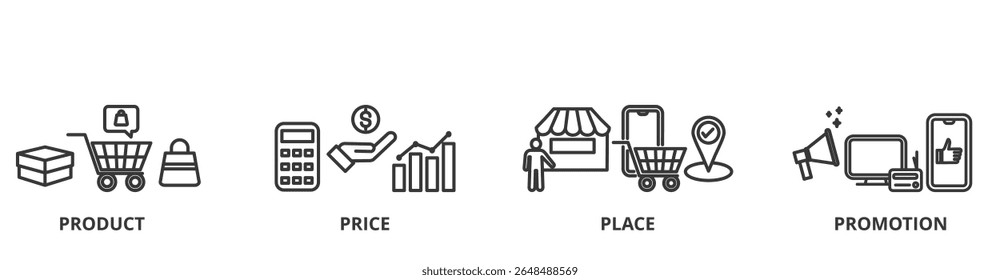 O conceito de ilustração vetorial de banner de mistura de marketing com ícone de produto, preço, lugar e promoção