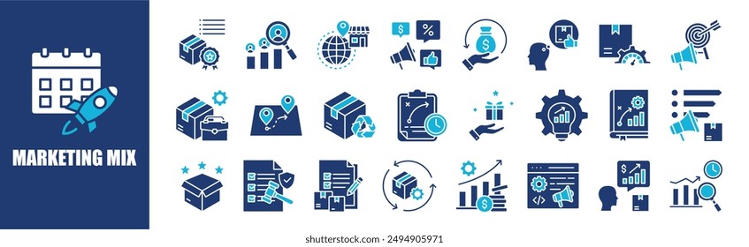 Marketing Mix icon collection set. Containing design, product, business, strategy, price, promotion, and more. Solid vector icons collection.	