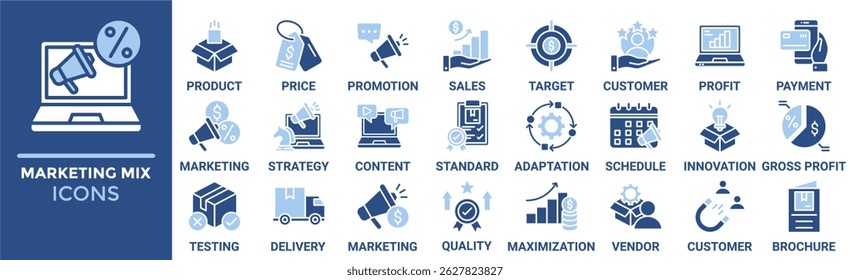 Marketing mix icon set. Containing product, price, promotion, sales, target, customer, profit and more. Solid vector icons collection
