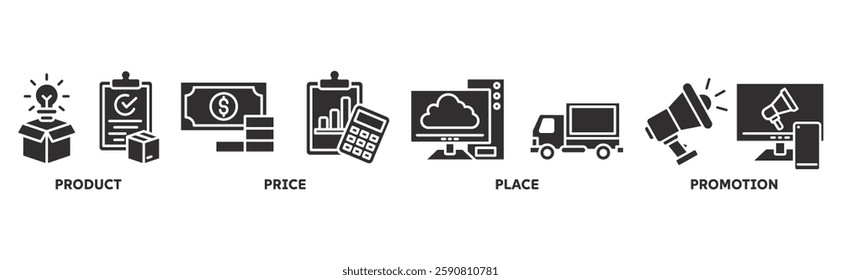 Marketing Mix icon set illustration concept with icon of product, price, place, promotion