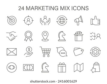 Marketing Mix icon set. Symbols represent strategic components like targeting, global reach, and customer service. Essentials for market planning. Flat vector icons.