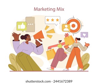 Marketing Mix strategy. Exuberant announcement of brand engagement and consumer interaction. Visualizing strategic communication. Flat vector illustration.