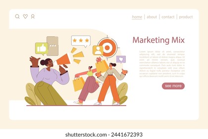 Marketing Mix strategy. Exuberant announcement of brand engagement and consumer interaction. Visualizing strategic communication. Flat vector illustration.