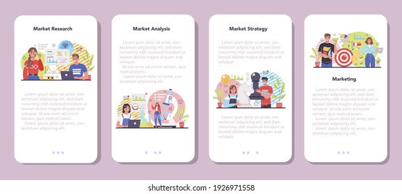 Juego de banners de aplicación móvil de marketing. Investigación y análisis de mercado. Promoción de empresas, estrategia de precios, desarrollo de tendencias de mercado. Ilustración vectorial plana aislada
