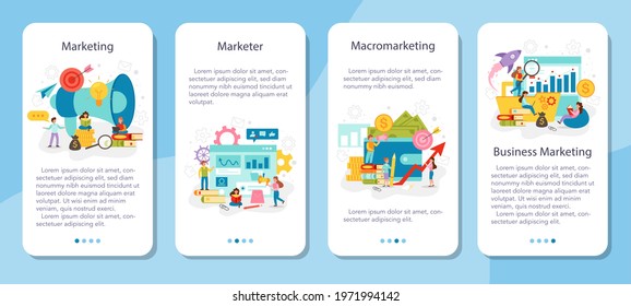 Marketing mobile application banner set. Business promotion educational school course, customer communication and product advertising through social networks. Flat vector illustration