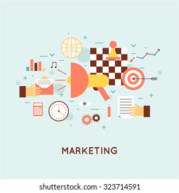 Marketing mobile, email marketing, video marketing and digital marketing, strategy and digital marketing. Flat design vector illustration.