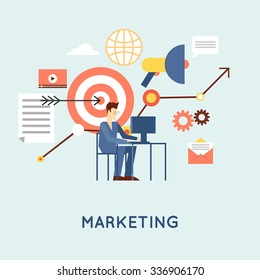 Marketing mobile, email marketing, video marketing and digital marketing, strategy and digital marketing. Flat design vector illustration.
