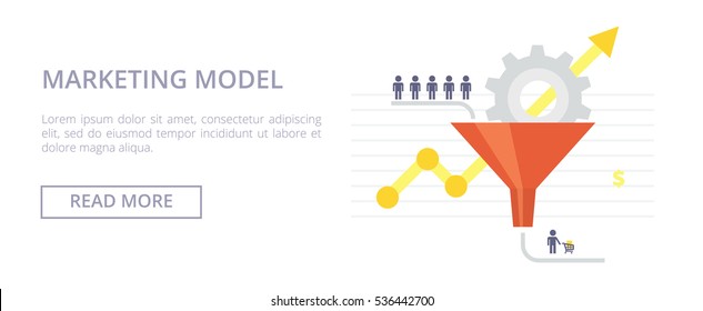 Marketing Model horizontalen Banner mit Verkaufstrichter und Abfluss von Kunden. Flache Vektorgrafik für Ihr Design.